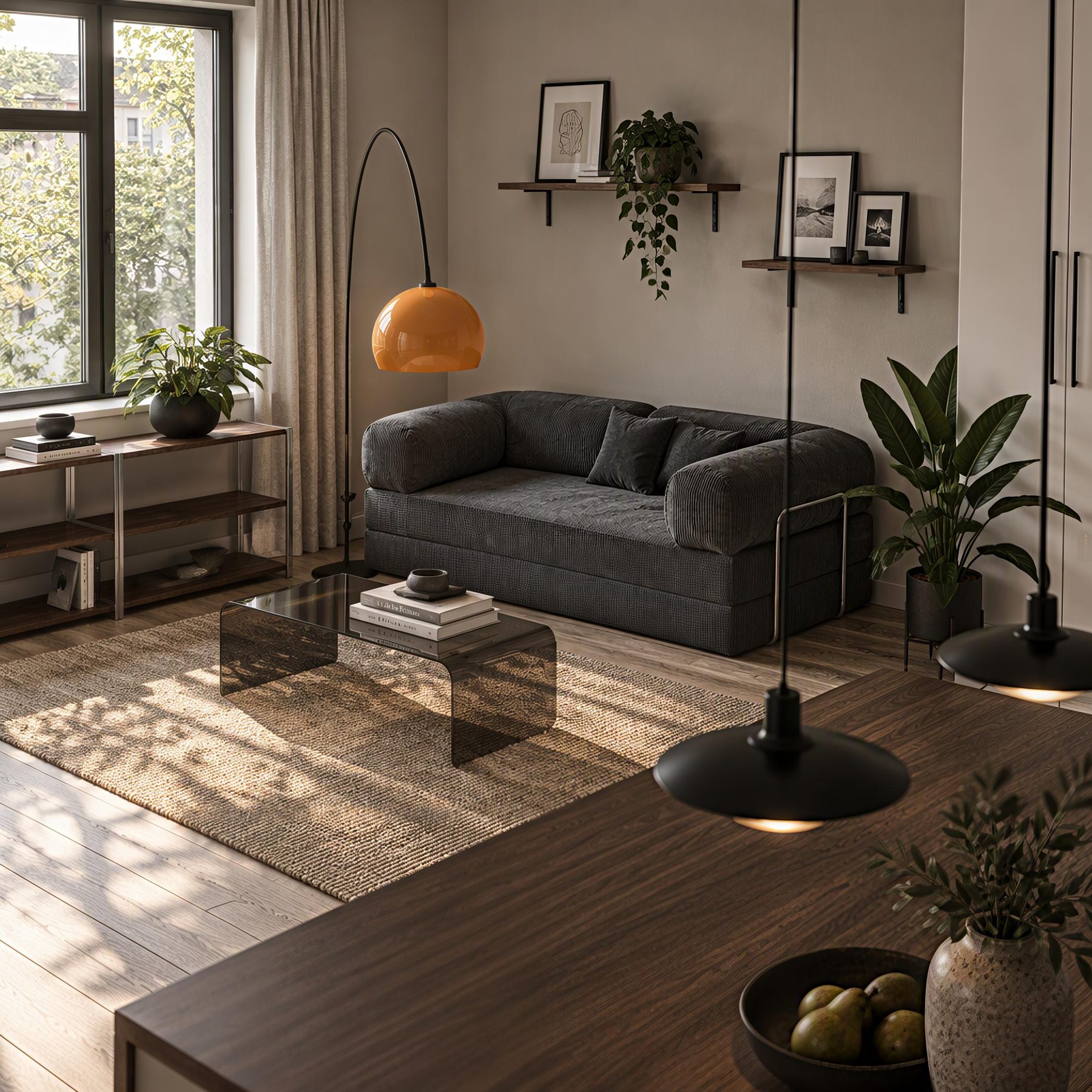 Гостиная с диваном, торшером и журнальным столиком — визуализация Vaza Design
